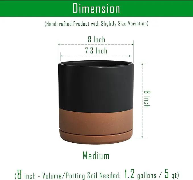D'vine Dev 8 Inch Ceramic Planter Pot with Drainage Hole and Saucer, Indoor Cylinder Round Planter Pot, Black/Speckled Tan, 94-O-D-7 by GreenHaven Gardens