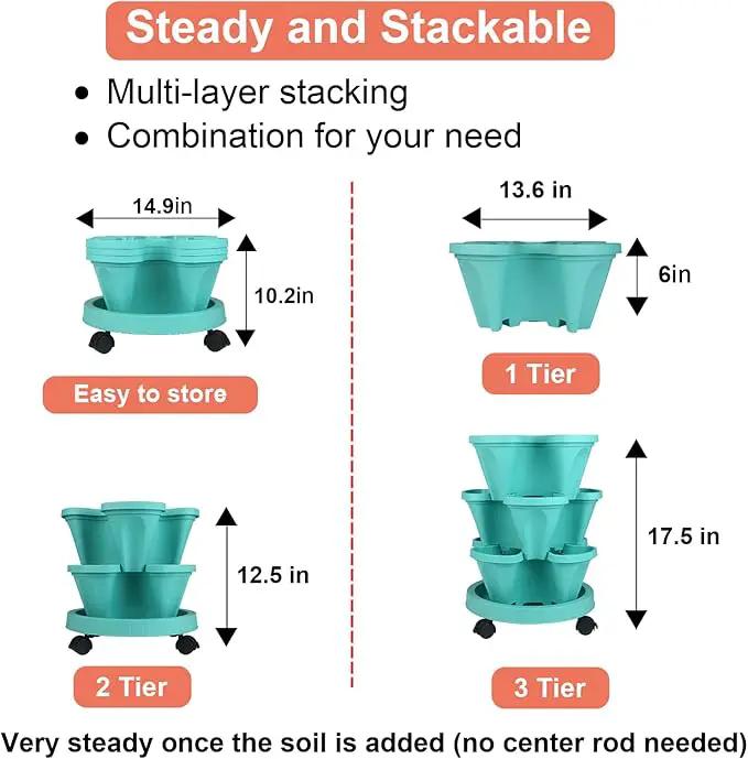 Vertical Planter 3 Tier Stackable Planters Garden Planters Strawberry Herb Flower and Vegetable Planter Indoor Outdoor Gardening Pots with Removable Wheels and Tools by GreenHaven Gardens