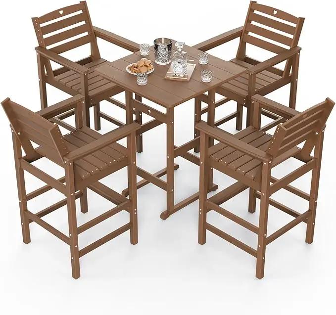 5-Piece Bar Height Outdoor Table and Chairs Set, HDPE Wood Grain Patio Bar Table and Chairs with Heart Cutout Design, Weather-Resistant Bar Height Furniture for Deck, Porch, Pool (Teak) by GreenHaven Gardens