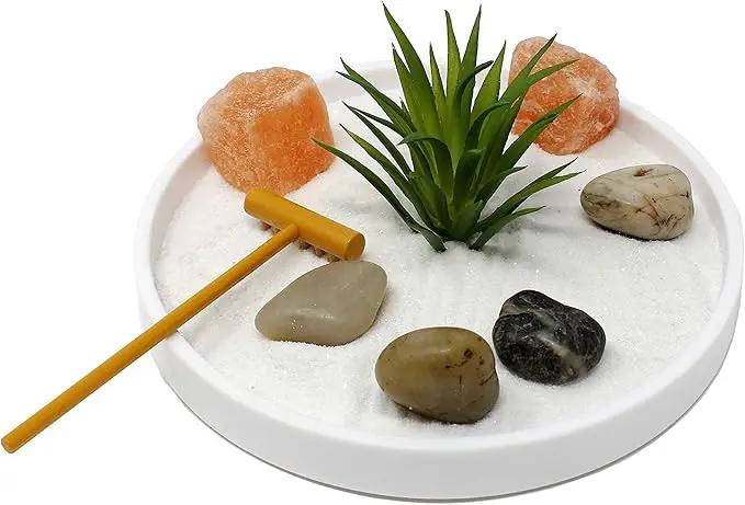 Nature's Mark Mini Zen Garden Kit for Desk with White Sand, Rake, White Base, Salt Rock and Air Plant (Round) by GreenHaven Gardens