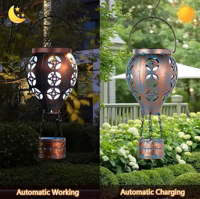 Hot Air Balloon Solar Lantern for Garden Decor,2 Pack Matal Hanging Lantern,Outdoor Metal LED Solar Lights for Yard Patriotic Trees Decor by GreenHaven Gardens