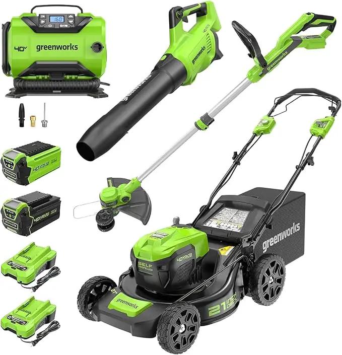 Greenworks 40V 21" Self-Propelled Lawn Mower,Axial Leaf Blower(500 CFM / 120 MPH),13" String Trimmer, 160 PSI Portable Tire Inflator, Includes 2 Batteries(5Ah+2Ah) & Chargers by GreenHaven Gardens