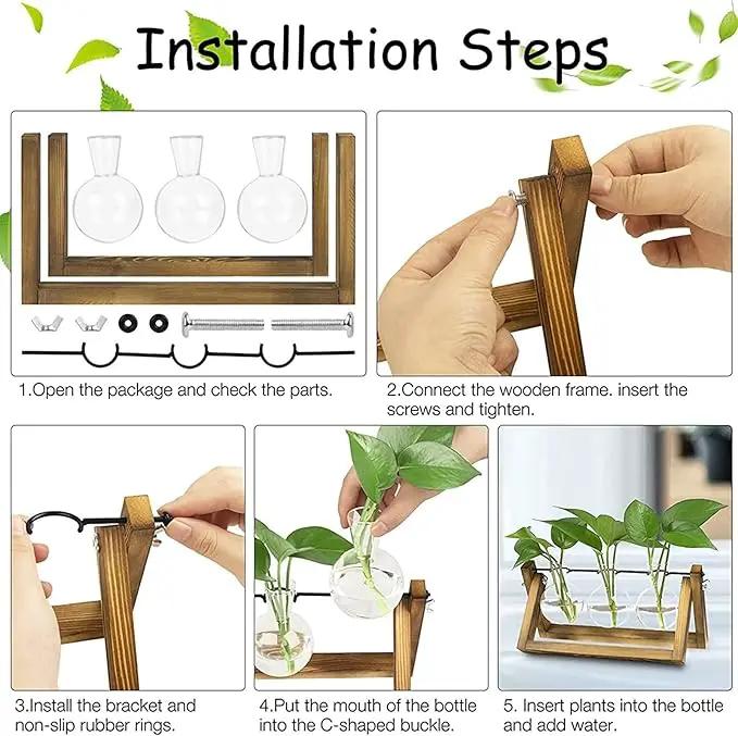 Kingbuy Desktop Glass Planter Iron and Wooden Stand Plant Terrariums for Indoor Office Desk Decor Accessories, 3 Bulb Vases, Brown by GreenHaven Gardens