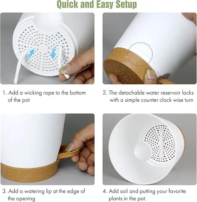 4 inch Self Watering Pots for Indoor Outdoor Plants, 6 Pack Plastic Flower Planters with Drainage Holes and Removable Saucers, Plant Pots with Wicking Rope, Modern Decor, White Brown by GreenHaven Gardens