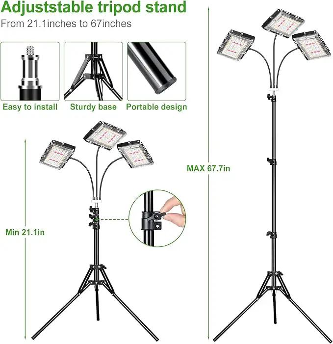 LBW Grow Light with Stand, Tri-Head LED Plant Light for Indoor Plants, Full Spectrum 150 LEDs, 3/6/12H Timer, 6 Dimmable Levels, 3 Switch Modes, Adjustable Tripod Stand 15-63 inches by GreenHaven Gardens
