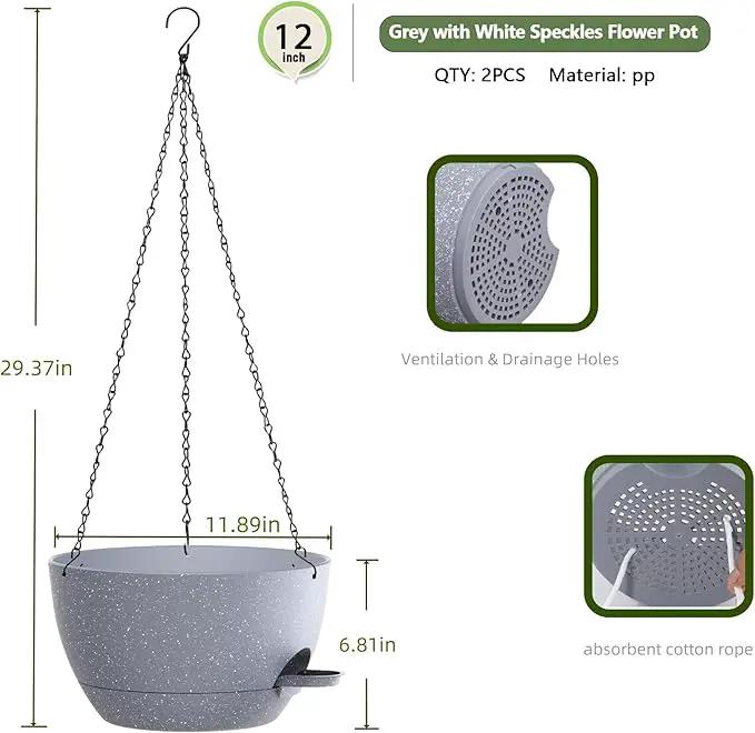 12 Inch Hanging Baskets 2 PC with Chains, Self-Watering Hanging Planters for Indoor Outdoor Plants, Plastic Hanging Flower Pots,Speckled Grey by GreenHaven Gardens