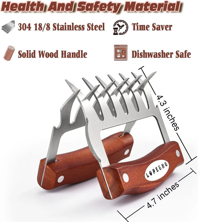 LOPE & NG Meat Handler Shredder Claws Set Of 2 - Wood Stainless Steel BBQ Pulled Pork Paws For Shredding Handing Carving Food by GreenHaven Gardens