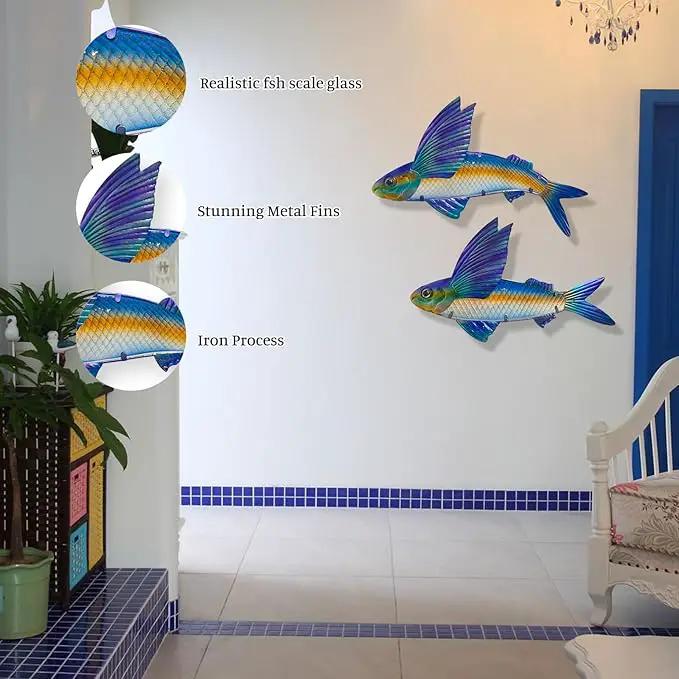 LIFFY Metal Fish Wall Decor -Outdoor Metal Fish Wall Decor - Indoor Art Sculpture - Hanging Decorations for Home, Garden, Bedroom, Sculptures, Ocean, Pool(Flying Fish Set 2,15 inch) by GreenHaven Gardens
