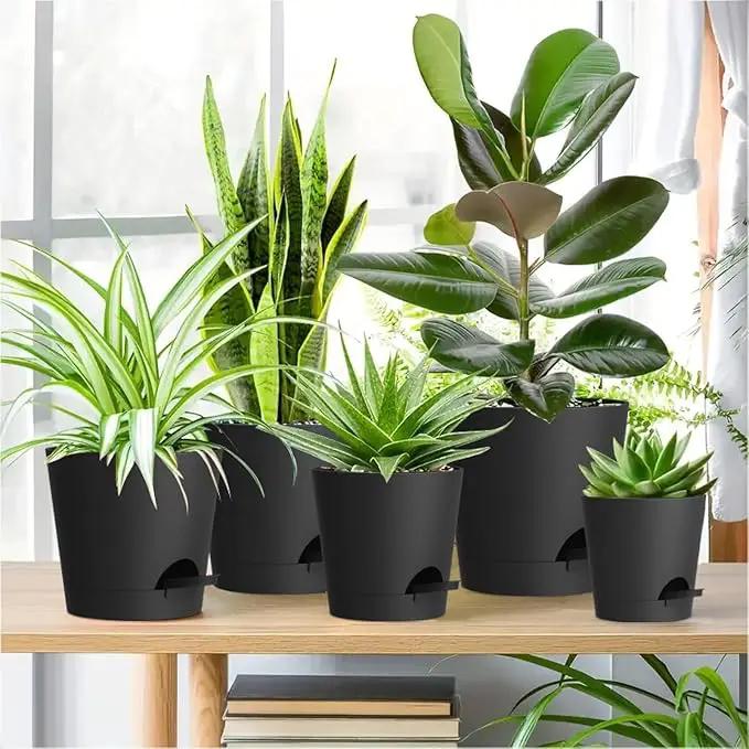 7/6.5/6/5.5/5/4 inch Self Watering Pots for Indoor Outdoor Plants, 6 Pack Plastic Flower Planters with Drainage Holes and Removable Saucers, Plant Pots with Wicking Rope, Modern Decor, Black by GreenHaven Gardens
