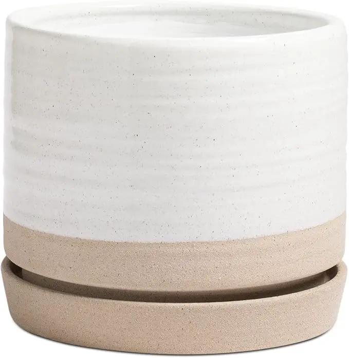 8 Inch Pots for Plants, Ceramic Planter Pot with Drainage Hole & Saucer, Indoor or Outdoor Cylinder Round Planter Pot, Matte White & Beige by GreenHaven Gardens