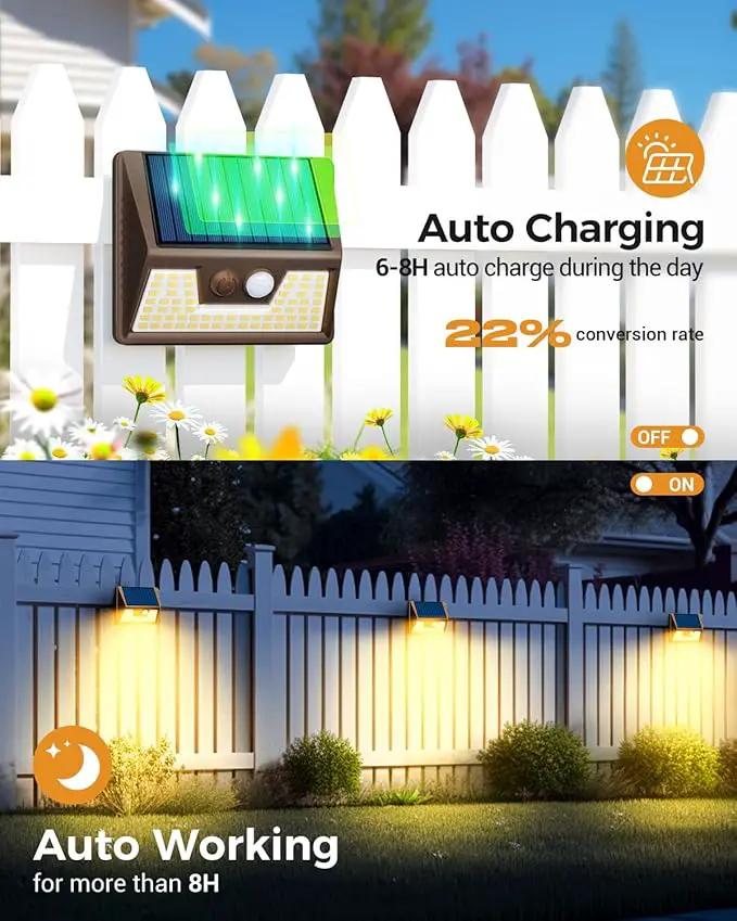 4 Pack Solar Fence Lights Waterproof, Motion Sensor Deck Outdoor, Warm White LED for Wall Yard Steps Stairs Garden - Brown by GreenHaven Gardens