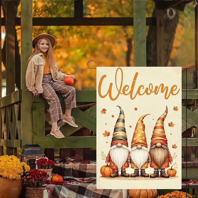 Welcome Fall Garden Flag Autumn Gnomes Garden Flag 12x18 inch Double Sided Fall Thankful Maple Leaves Flags Holiday Decorations for Yard Lawn Patio (Flay 1809) by GreenHaven Gardens