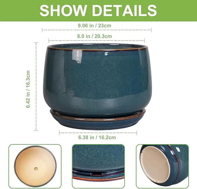 G EPGardening Ceramic Plant Pots - 9 Inch Round Modern Planter Indoor with Drainage and Tray for Indoor Outdoor Flower, Office Decor, Gardening Gifts, Retro Blue by GreenHaven Gardens