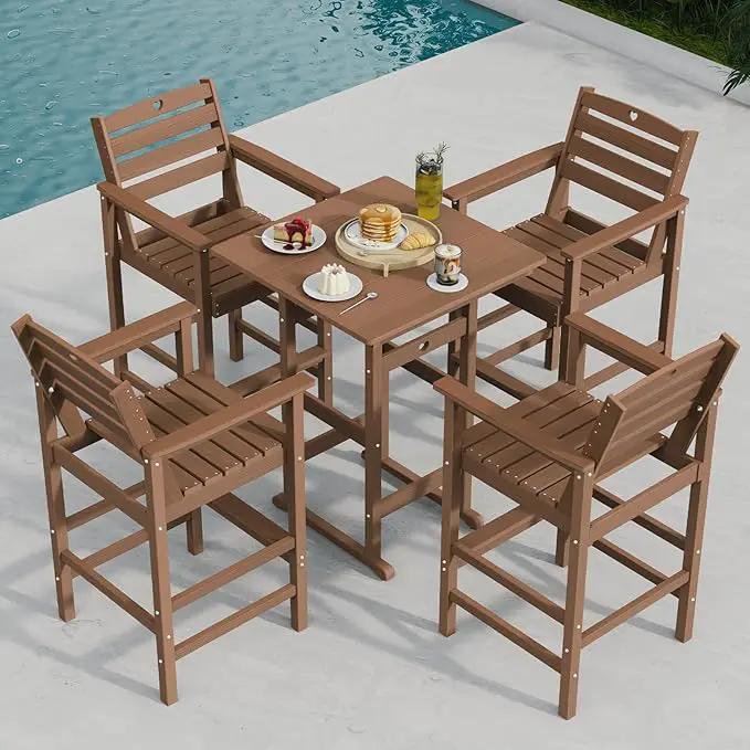 Tall Adirondack Chairs Set of 2, HDPE Wood Balcony Adirondack Chairs Set with Heart Cutout Design, Weather-Resistant Bar Height Furniture for Deck, Porch, Pool (Teak) by GreenHaven Gardens