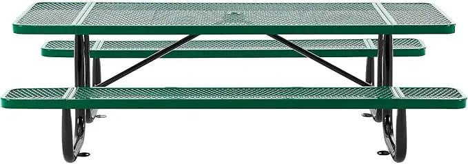 Global Industrial 8’L Rectangular Picnic Table, Expanded Metal, Green Thermoplastic Coating, Attached Benches, 1-1/2” Umbrella Pole Hole, Outdoor-Rated, 1000 lb Capacity, 96” x 30” Tabletop by GreenHaven Gardens