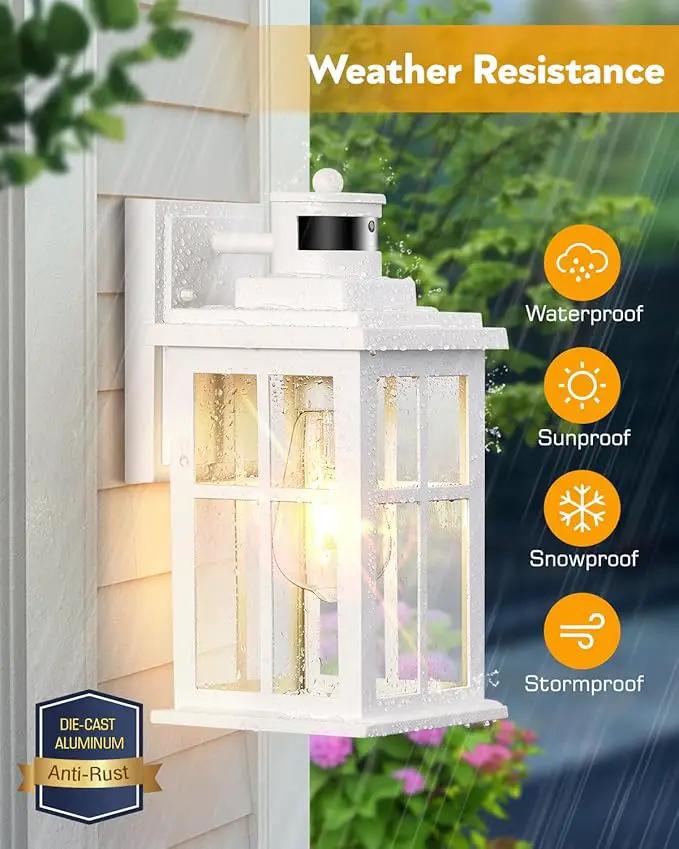 White Outdoor Wall Lights, Motion Sensor Porch Light Outdoor, Dusk to Dawn Outdoor Light Fixtures, Waterproof Outside Lights for House, Garden, Front Porch, Tempered Glass, Anti-Rust by GreenHaven Gardens