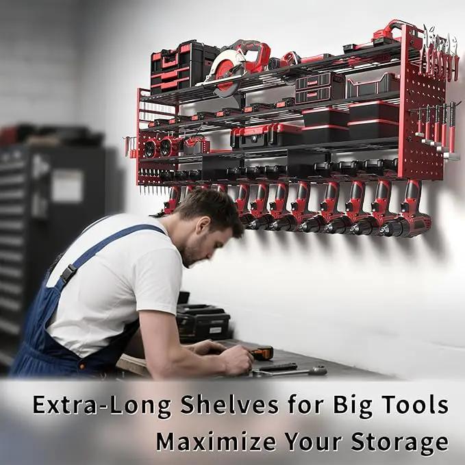 Power Tool Organizer Wall Mount with 12 Drills Holder, 49" Heavy Duty 4-Tier Power Tool Storage Rack, DIY Pegboard Side Panels,4 Long Hooks, Garage Metal Tool Shelf for Battery,Drills by GreenHaven Gardens