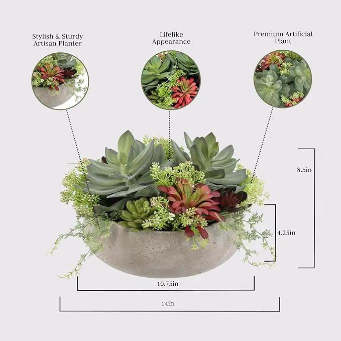 Round Faux Succulent Arrangement, 14" Premium Artificial Indoor Plant Enhances Interior Design, Display on Any Surface in Your Home Adding an Inviting Touch of Nature, Natural Planter Pot Included by GreenHaven Gardens