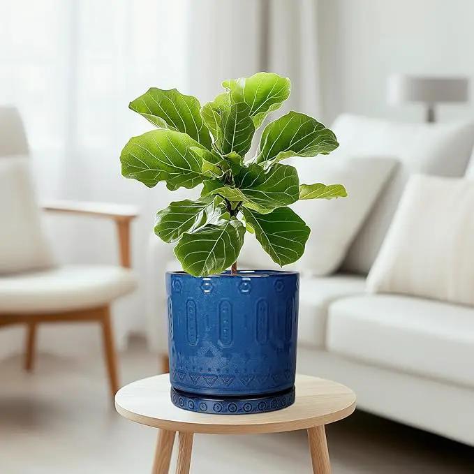 Ceramic Planter - 8 Inch Plant Pot Indoor with Drainage Holes and Saucer Round Planter Outdoor Mid-Century Modern Flower Pot Succulent Pot for Home Decor Blue by GreenHaven Gardens