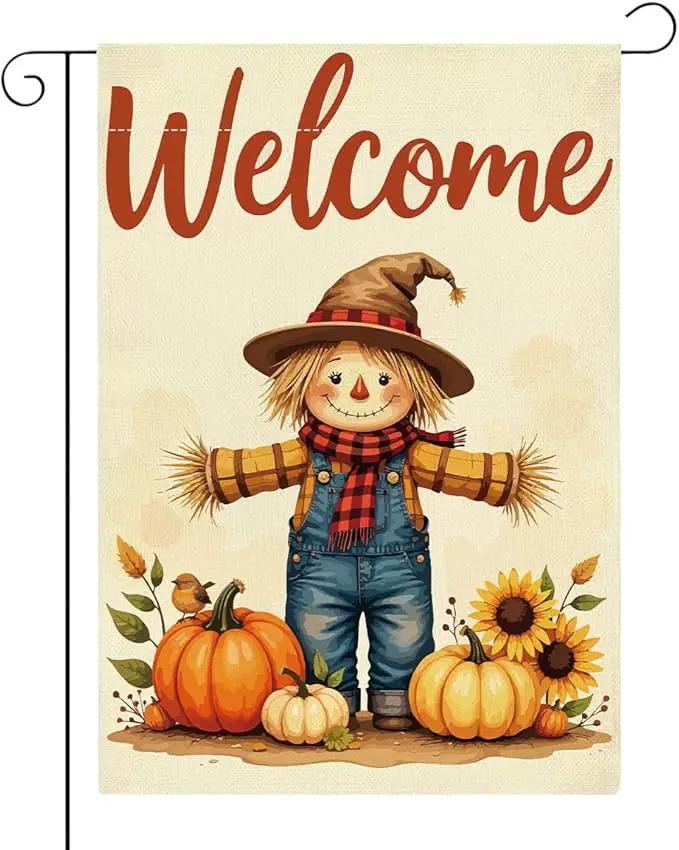 Fall Welcome Garden Flag Autumn Thanksgiving Scarecrow Garden Flag 12x18 inch Double Sided Fall Thankful Flags Holiday Decorations for Yard Lawn Patio (Flay 1810) by GreenHaven Gardens
