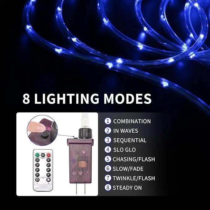 LED Rope Lights for Outside, 20Ft 360°Blue Solar Rope Lights Outdoor Waterproof, 86 LEDs 110V 8 Modes Remote Control Timer Christmas Rope Lights for Party Holiday Garden Decoration (Blue) by GreenHaven Gardens
