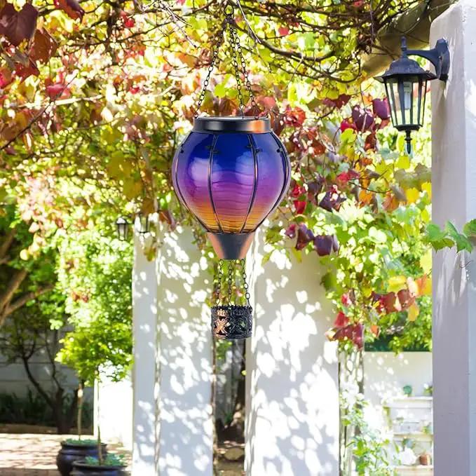 Starsoul Glass Solar Hot Air Balloon Flickering Flame Hanging Garden Light Purple Hot Air Balloon Solar Lantern with Large Basket Waterproof Hot Air Balloon Solar Lamp Decor by GreenHaven Gardens