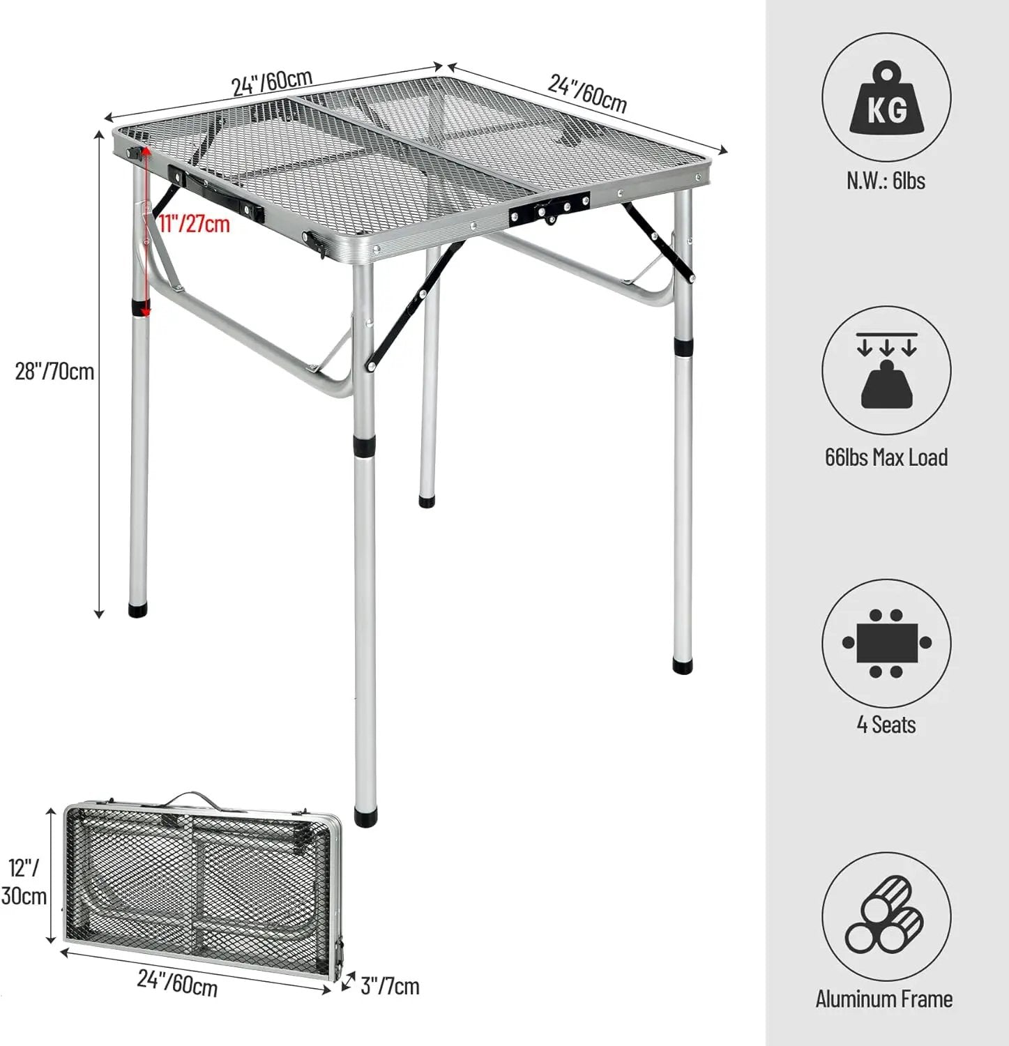 REDCAMP 24" Square Folding Grill Table for Outside, Lightweight Portable Metal Aluminum Outdoor Grill Table with Adjustable Height Legs, Great for Camping Picnic Cooking BBQ, Silver 2ft by GreenHaven Gardens