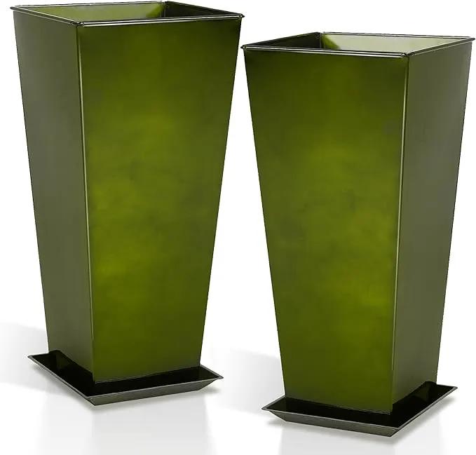 WORTH Garden 28" Large Metal Glazed Planter Set of 2, Luxurious Glossy Finish Green Tall Square Tapered Steel Plant Pots, Decor Flower Pot Indoor & Outdoor, Drainage Hole & Dual-Purpose Plant Saucer by GreenHaven Gardens