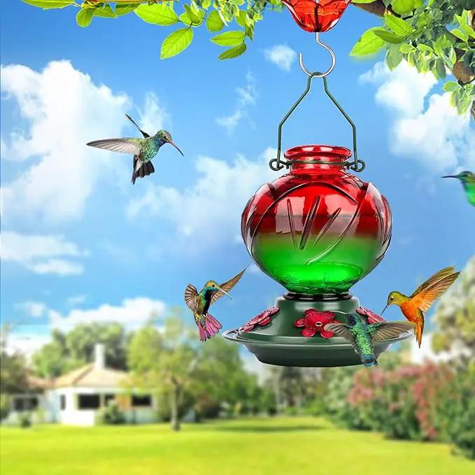 BOLITE Hummingbird Feeder, Glass Hummingbird Feeders for Outdoors Hanging, 22 Ounce, Five Feeding Ports with Perch, Peony Flower Shape, Red and Green, Gifts for Women Men, Gifts for Mom Dad by GreenHaven Gardens