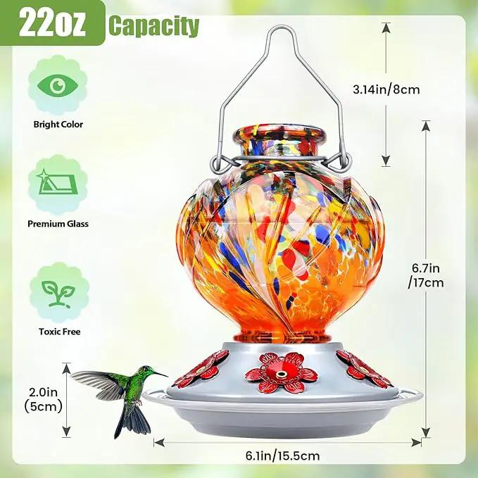 BOLITE Hummingbird Feeder, Hand Blown Glass Hummingbird Feeders for Outdoors Hanging, with Ant Moat and 5 Feeding Ports, 22 Ounces, Peony Flower Shape, Orange, Gifts for Women Men, Gifts for Mom Dad by GreenHaven Gardens