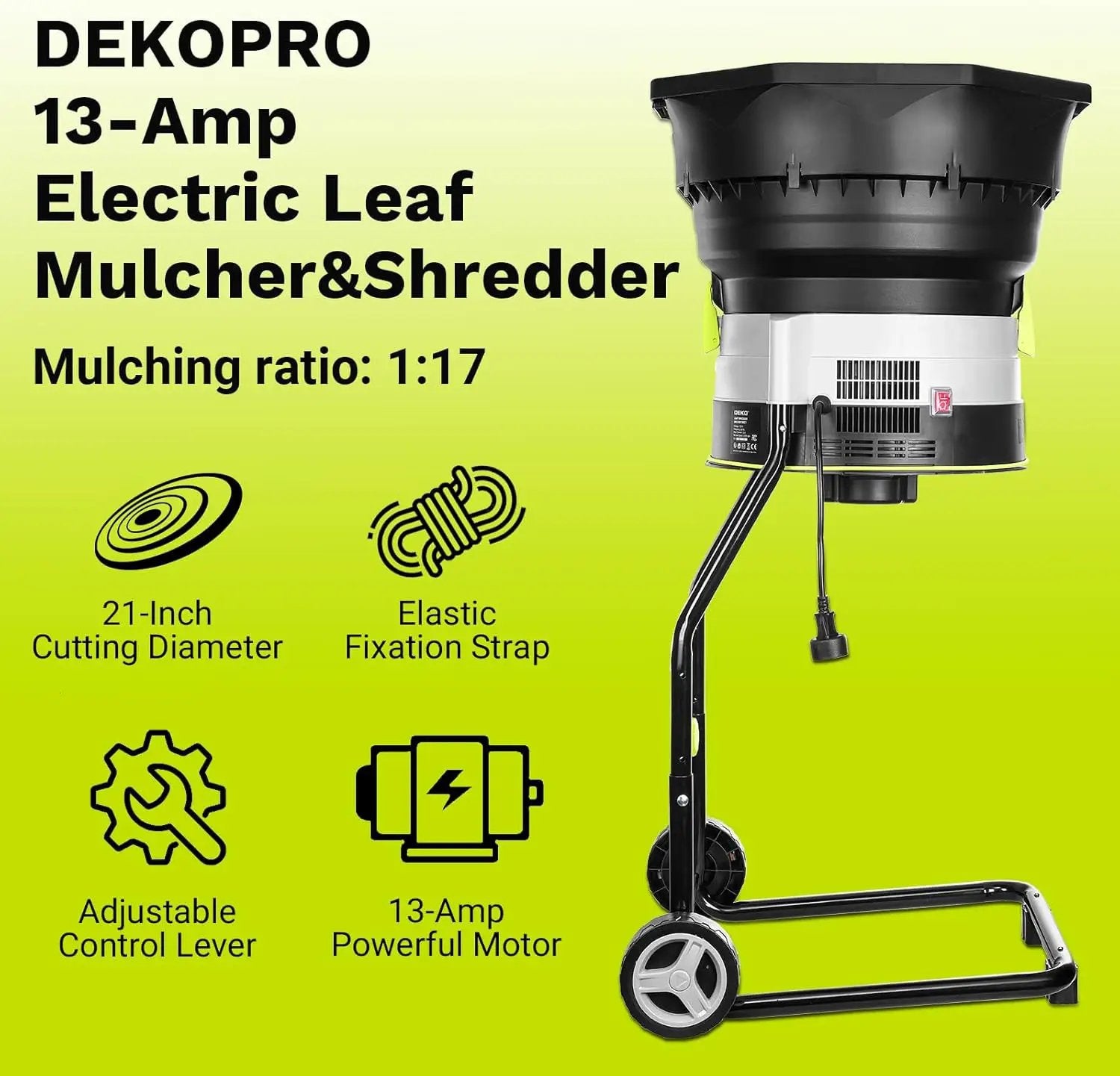 Electric Leaf Mulcher/Shredder: DEKOPRO 13-Amp 8200RPM Motor for 17:1 Reduction Ratio, Adjustable Control Dia with Leaf Scoops Spade and 20 Cutting Lines by GreenHaven Gardens