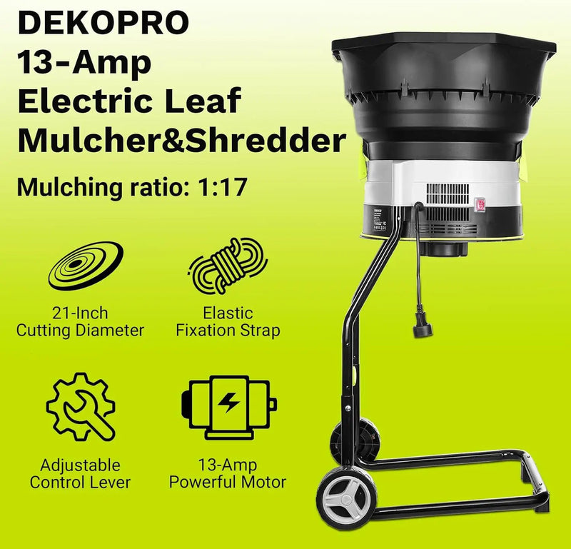 Electric Leaf Mulcher/Shredder: DEKOPRO 13-Amp 8200RPM Motor for 17:1 Reduction Ratio, Adjustable Control Dia with Leaf Scoops Spade and 20 Cutting Lines by GreenHaven Gardens