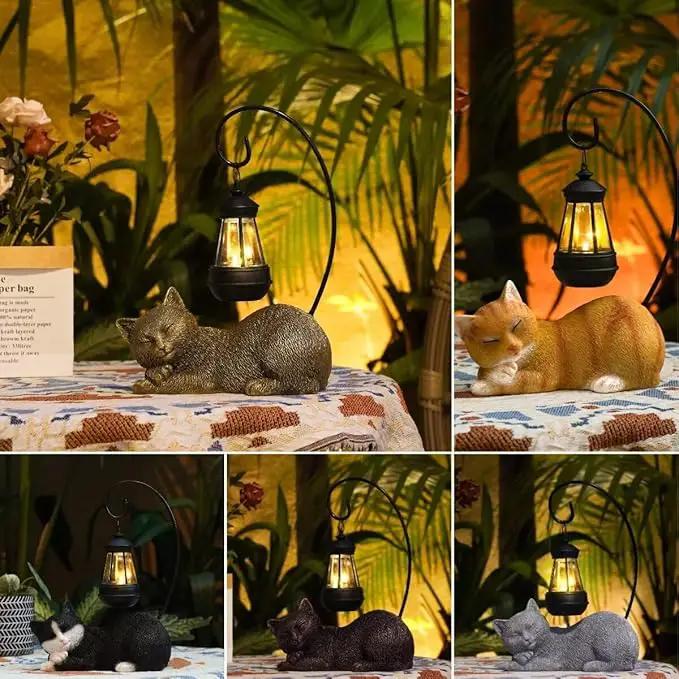 Resin Cat Statue with Solar Lantern, Eye-catching Garden Sculpture & Lawn Decor, 13" Height Outdoor Cat Figurine for Garden Yard Patio Porch Decorations, Cat Statues Outside Ornament by GreenHaven Gardens