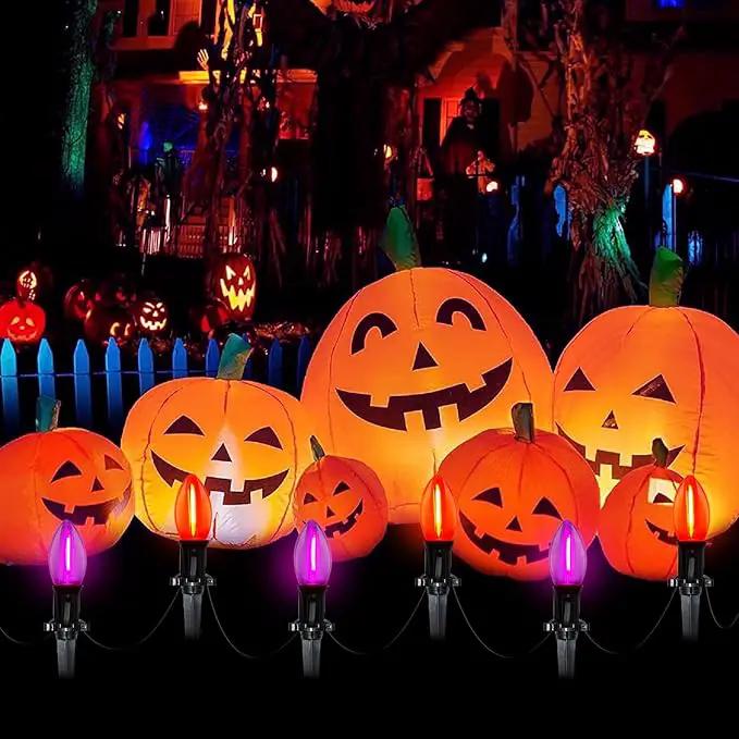 C9 LED Halloween Pathway Lights,10Pcs C9 Orange & Dark Purple Light Bulbs Stake Lights with 10 Stakes, Connectable Outdoor Pathway Markers Lights for Halloween Holiday Walkway Party Driveway Decor by GreenHaven Gardens