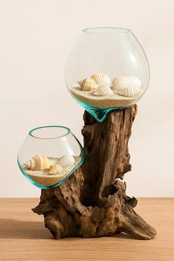 Cape Craftsmen 12" H Hand-Blown Blue Tinted Bubble Glass On Natural Teak Driftwood Terrarium | Home Décor Indoor Planter with Stand | Pot for Succulent and Plants by GreenHaven Gardens