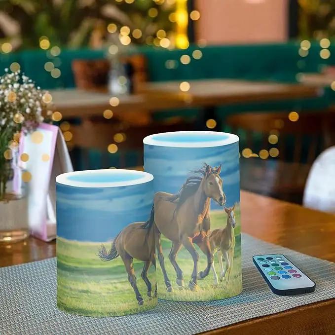 Flickering Flameless Candles, Beautiful Horses Summer Field LED Candles with Remote Timer, Set of 2 Battery Operated Candle for Valentine Wedding Birthday by GreenHaven Gardens