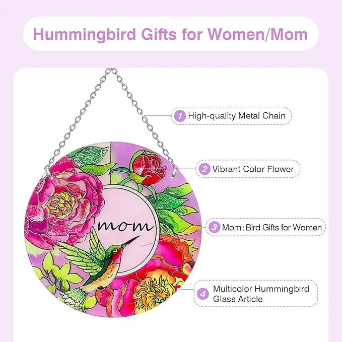 Hummingbird Gifts for Mom, Stained Glass Bird Window Hangings, Sun Catcher Ornament Hanging for Windows, Hummingbird Suncatcher for Women, Mother's Day Birthday Christmas (Suction Cup, 6in) by GreenHaven Gardens