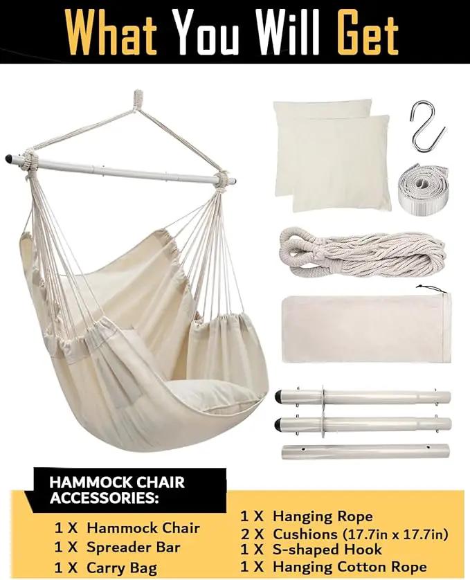 ADVOKAIR Hammock Chair Swing (500 lbs Max-2 Cushions) - Hanging Hammock Chair Rope Swing Indoor for Bedroom, Outdoor, Patio, Bedroom, Porch, Deck - Sturdy Steel Bar with Anti-Slip Safety Rings by GreenHaven Gardens