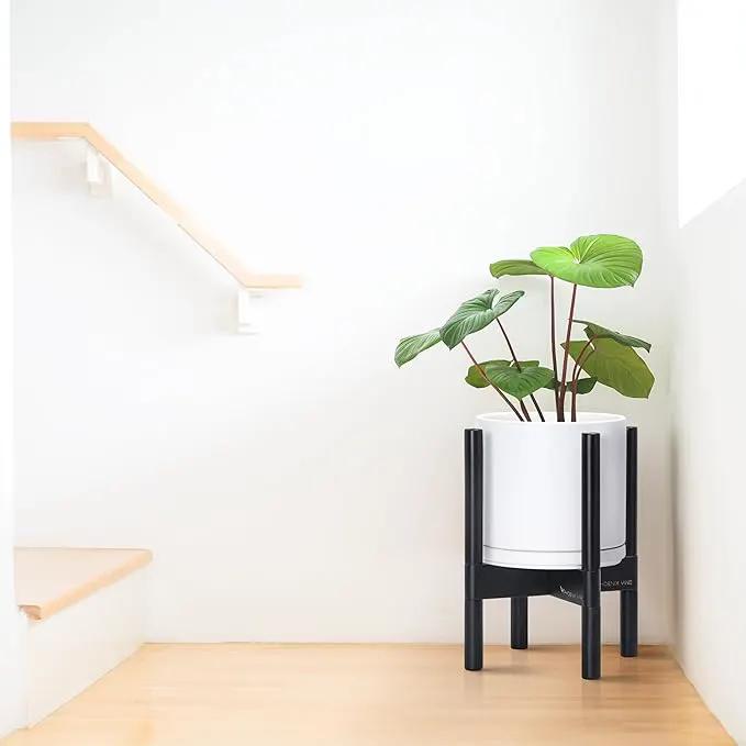 D'vine Dev Ceramic Planter with Ebony Stand - 8 Inch Modern Round Flower Pot with Wood Planter Holder, White, 55-B-M-1 by GreenHaven Gardens