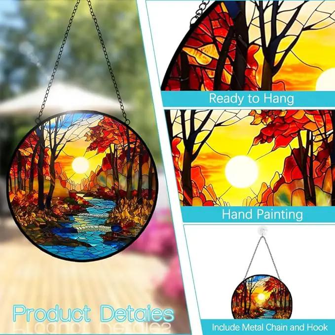 Sunrise Tree and River Landscape Stained Glass Suncatcher for Window Hanging - Sunrise Painting Sun Catcher Window Ornaments with Metal Chain and Hook - Decor Gift for Mom Wife Husband Nature Lovers by GreenHaven Gardens