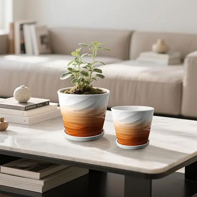 6.7 + 5.5 Inch Plant Pot, Ceramic Planter with Drainage and Saucer，Ceramic Pots for Plants, Indoor Plant pots，planters for Indoor Plants(Khaki + White) by GreenHaven Gardens