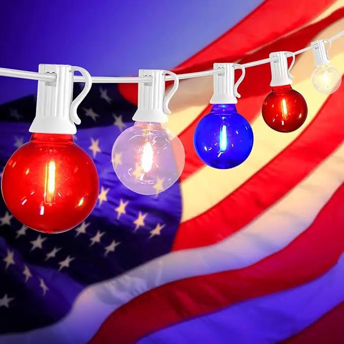 G40 LED Red White and Blue Lights, 27.8 FT 4th of July Lights Plug in with 25+3 Bulbs, Patriotic Decorations Outdoor String Light for Memorial Day Independence Day Patio Garden Backyard Bistro Decor by GreenHaven Gardens