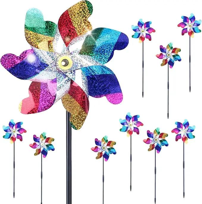 BATTIFE 10 Pack Sparkly Rainbow Pinwheels, Reflective Wind Spinner for Yard and Garden with Stakes, Decor Windmill to Scare Birds Away for Lawn and Patio by GreenHaven Gardens