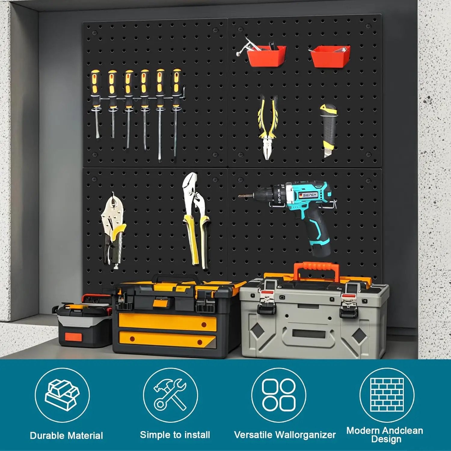 Peg Board,Steel Organization Panels, Ideal for Garage Tool Storage, Office Organization, Craft Room, Kitchen,Pack of 4 (Black, 4-12X12) by GreenHaven Gardens