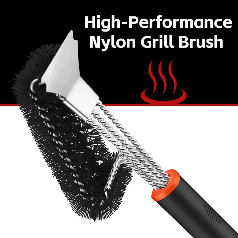 Grill Brush and Scraper, Safe Nylon Bristles Barbecue Triple Scrubbers Cleaning Brush for Cast Iron Grates/Porcelain/Weber Gas/Charcoal Grill，Extra Strong BBQ Cleaner Accessories (Black) by GreenHaven Gardens