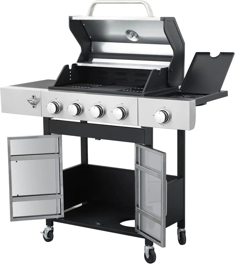 4-Burner Propane Gas BBQ Grill with Side Burner, 46,790 BTU Output, Enameled Cast Iron Grates, Heavy-Duty Stainless Steel Outdoor Grill for Backyard Barbecue by GreenHaven Gardens