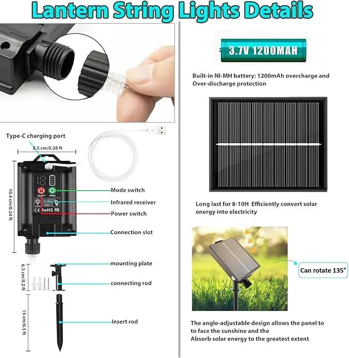 Solar Lantern String Lights Waterproof Outdoor, 40ft 40Led Warm White & Multi-Color Garden Lights Hanging Hemp Rope Nylon Lanterns with Remote, Timer for Yard, Balcony, Fences, Porch, Patio, Party by GreenHaven Gardens