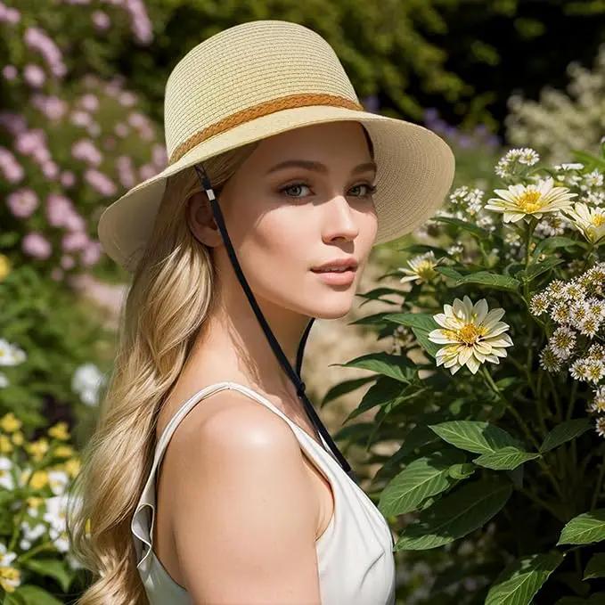 Beach Sun Straw Hats for Women, Summer Sun Protection Foldable Packable Wide Brim Hat