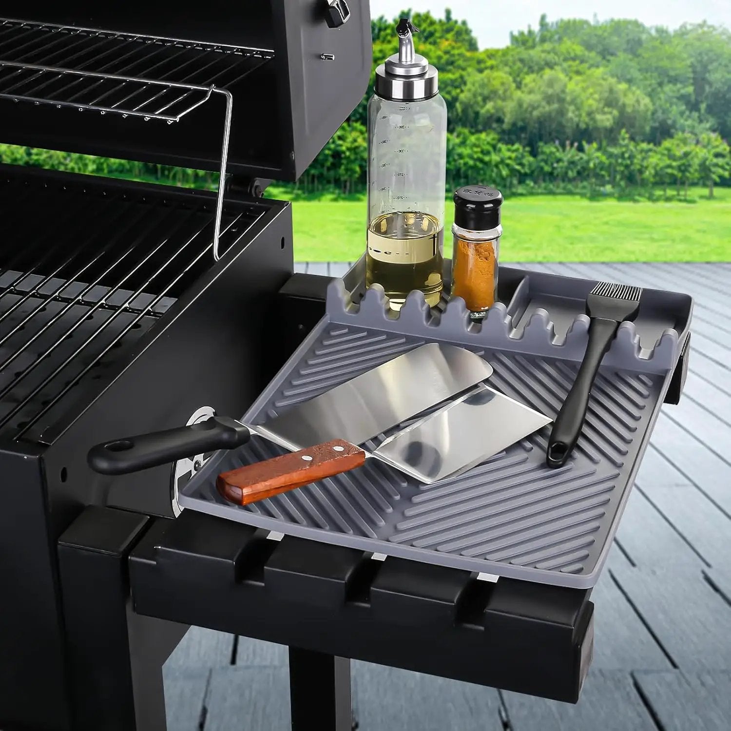 Griddle Mat Barbeque Grill Accessories Tools for Blackstone, Side Shelf Mat Grill Pad for Outdoor Grill Kitchen Counter Spatula Silicone Mat with Drip Pad for Kitchen, Cooking, Countertop (Grey) by GreenHaven Gardens