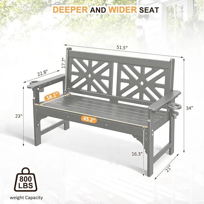 nalone Outdoor Bench with Cup Holders, HDPE All Weather Porch Bench Load up to 800 Lbs, 2-Person Garden Benches Rot-Proof Fade Proof for Patio, Porch, and Park (Grey) by GreenHaven Gardens